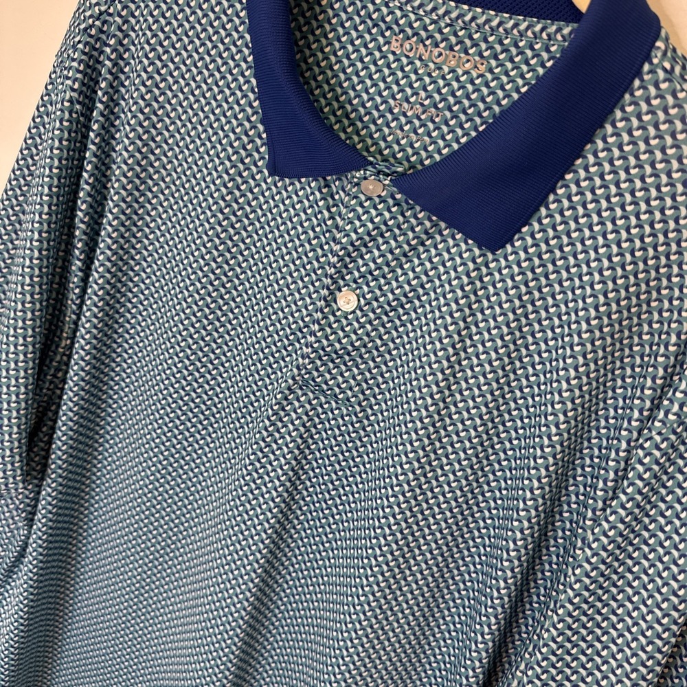 Bonobos Golf Polo Shirt Mens Size Large Slim Blue Geometric Casual Short Sleeve